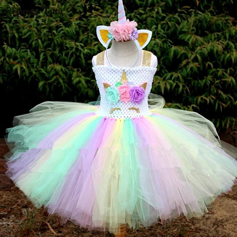 Радужное платье-пачка с единорогом для девочек; нарядный костюм с пони и единорогом для детей; платье принцессы; вечерние платья для девочек на Рождество и Хэллоуин; От 1 до 14 лет