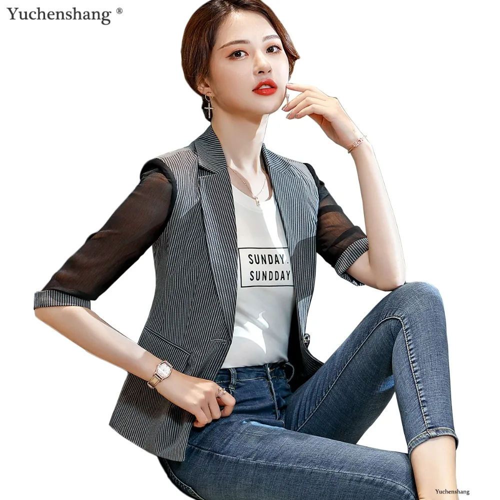 

New Spring Summer Women Blazer Fashion Half Sleeve Jacket Single Button Blazer Black Gray Striped 2019