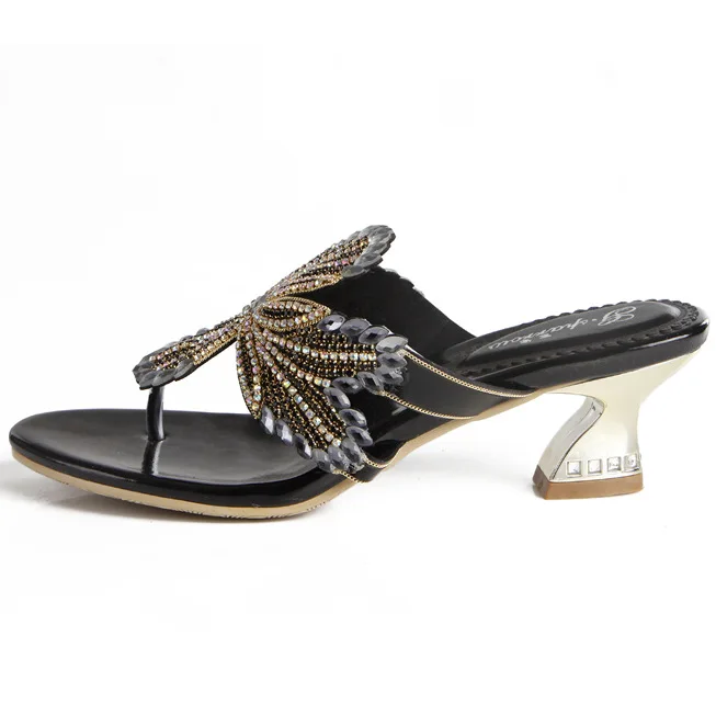 Г. Новые весенне-летние сандалии с бриллиантами, женские богемные туфли с бусинами и стразами, женские шлепанцы на высоком каблуке - Цвет: Черный