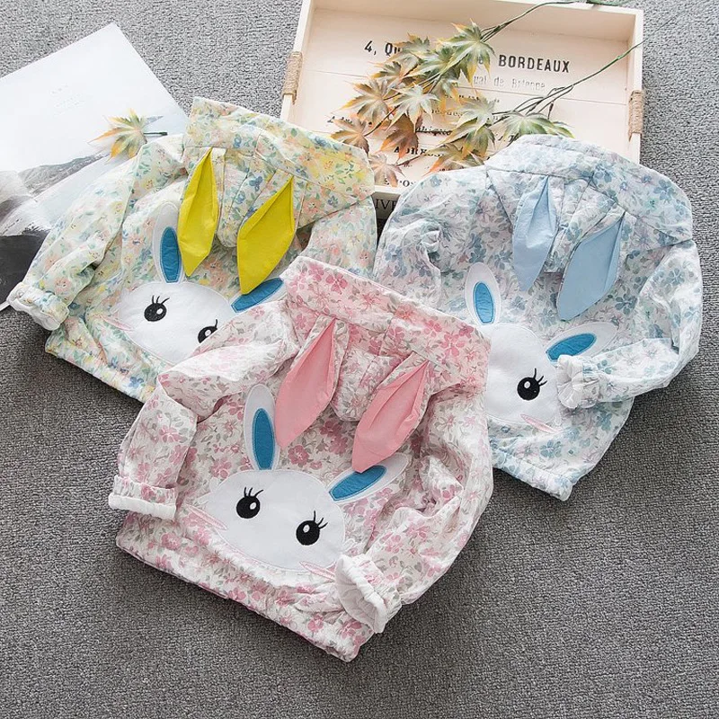 Spring Autumn Boys Girls Hooded Jacket Children Long Sleeve Cartoon Pattern Zipper Coat Kids Cute Rabbit Ears Outwear 1-6 Years | Детская