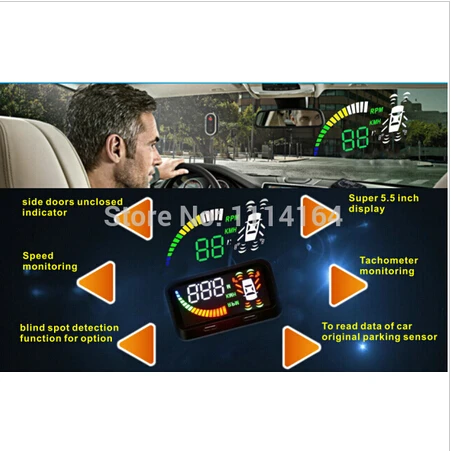 

5.5 car hud head up display HUD blind spot detection OBD II 12V 2 reverse 2front sensors2 blind spot sensorsFuel speed display