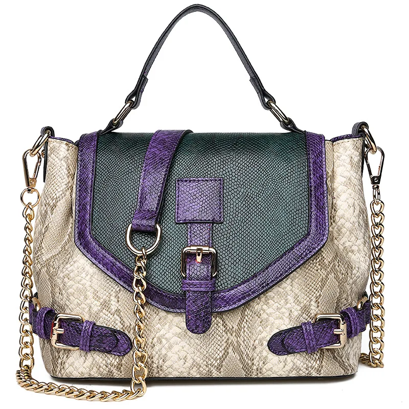 

Luxury Serpentine Handbag for Women PU Leather Tote Bag Fashion Chain Snake Shoulder Bag Ladies Contrast Color Messenger Bag