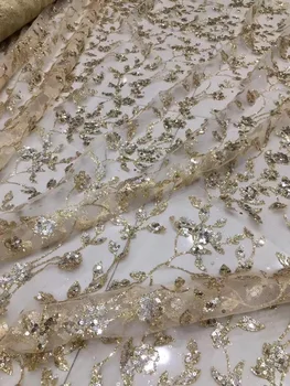 

Gold colour glued glitter tulle mesh fabric PWD18122314 glued glitter sequins lace fabric