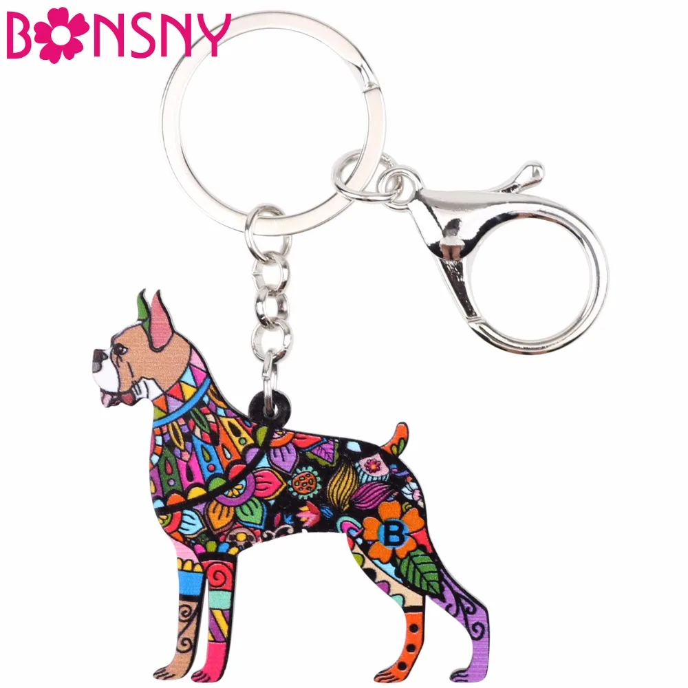 

Bonsny Acrylic Animal Jewelry Boxer Dog Key Chain Key Ring Gift For Women Girl bag 2017 New Charm Men Keychain Pendant Dog Breed