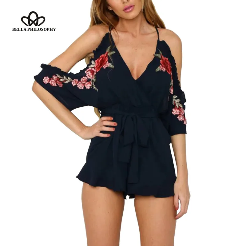 Bella Philosophy spring fashion sexy deep V applique flowers embroidery cami bodycon playsuits | Женская одежда
