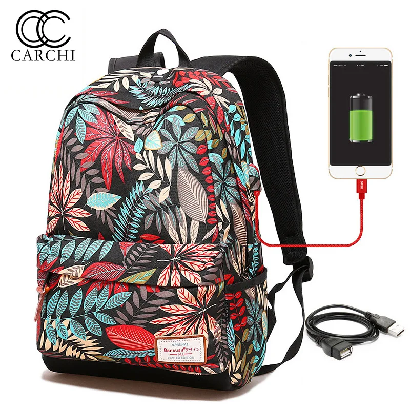 

CARCHI Women USB Charging Laptop Backpack For Teenage Girls School Bag Leaves Printing Female Backpacks For College Students Bag