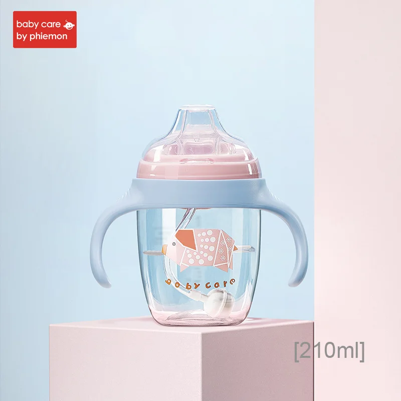 Милая детская соломенная бутылочка для воды, силиконовая бутылочка для кормления младенцев, стандартный гравитационный шар, откидная крышка, герметичная Тренировочная бутылочка Тритан - Цвет: pink-210ml