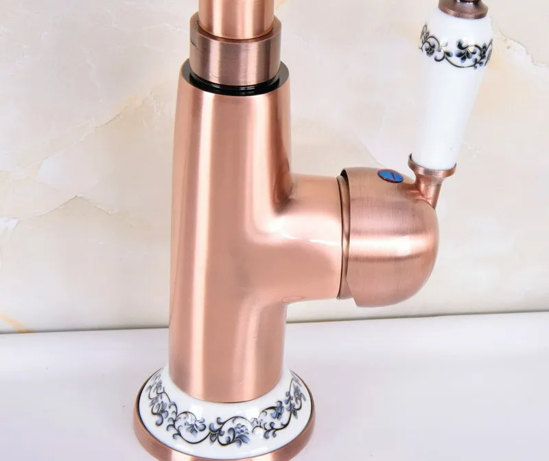 Antique Red Copper Brass Ceramic Base & Handle Bathroom Kitchen Basin Sink Faucet Mixer Tap Swivel Spout Deck Mounted mnf623