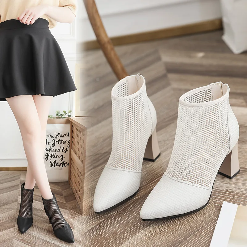 

Summer 2019 new sexy pointed mesh stitching Roman mesh boots hollow out fine heel zipper women sandals