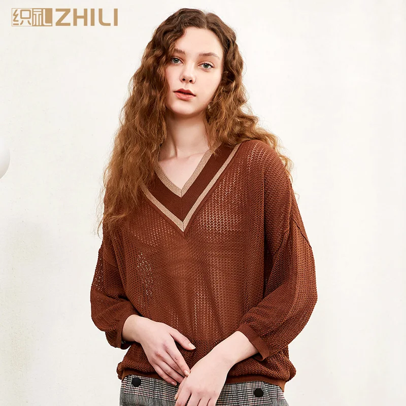 

ZHILI Spring 2019 Women Casual V-Neck Loose Thin Knit Sweater Pullover Top