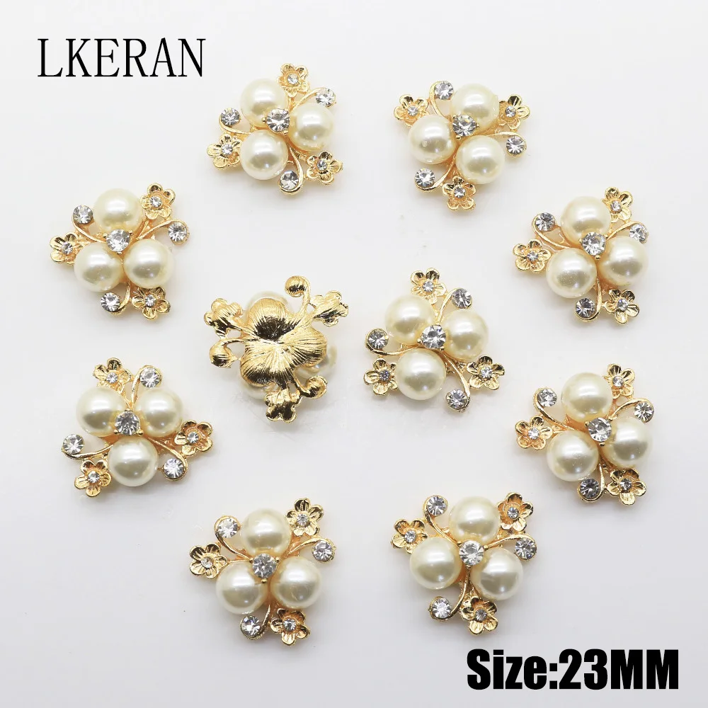 

LKERAN 5 Piece 23mm Flower Alloy buttons Clear Rhinestone Pearl button Wedding Decorative Flat Back Embellishment Diamond Button