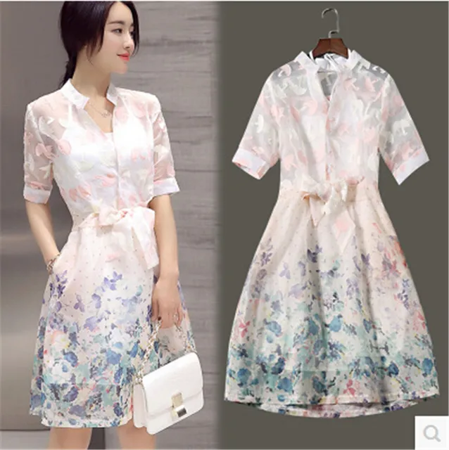 2016 Dress Women Summer Style Latest Fashion Two Piece Printing 2016 Dress Women Summer Style Latest Fashion Two Piece Printing Organza Polo Collar With Short