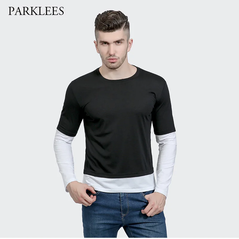 Black Fake Two Pieces T Shirt Men Brand Long Sleeve Mens T Shirts ...