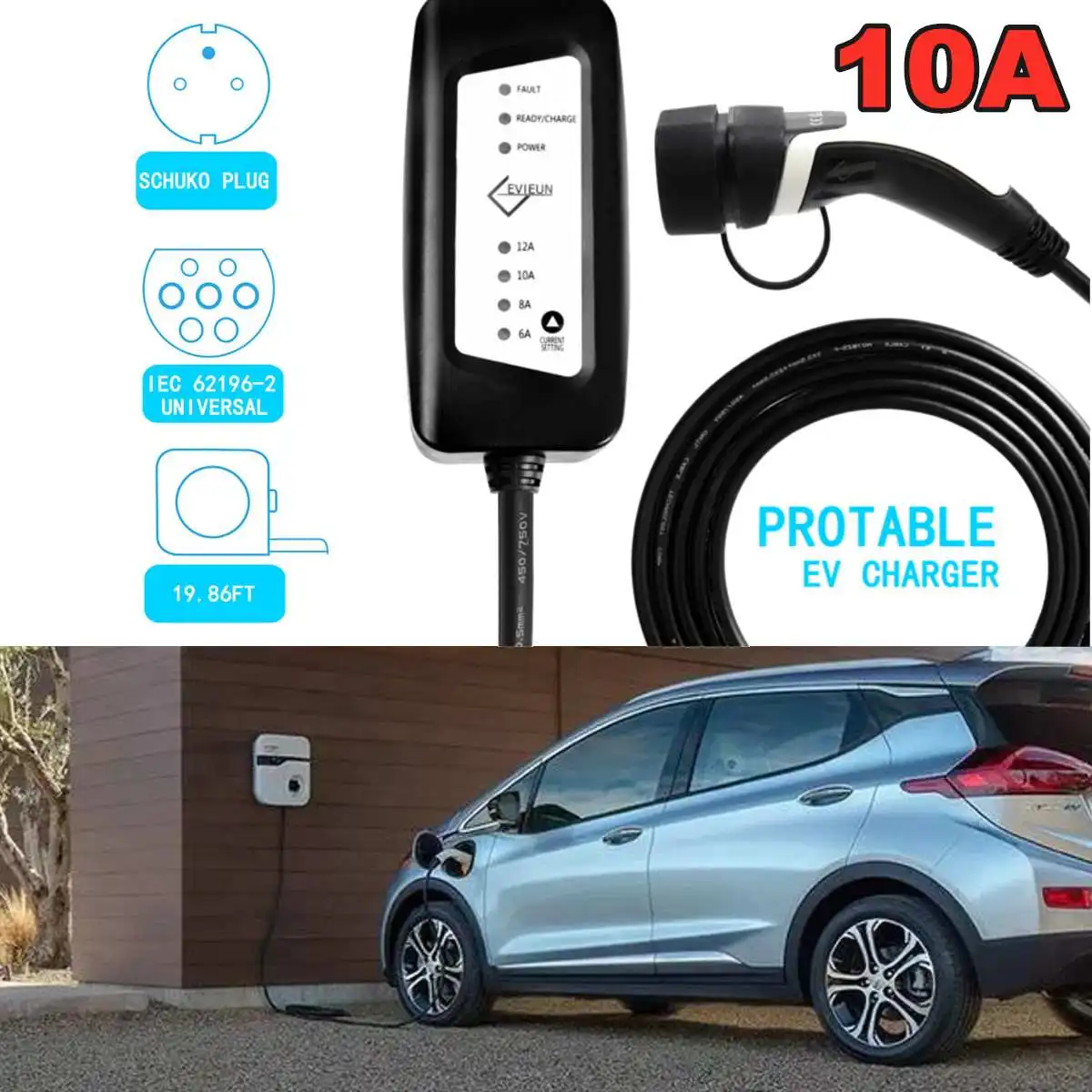

EVSE Level 2 EV Cable-10A Portable Fast Charger IEC62196-Type 2 UK Electric Vehicle Charging Station Cable 2.2kw,6m/19.68ft