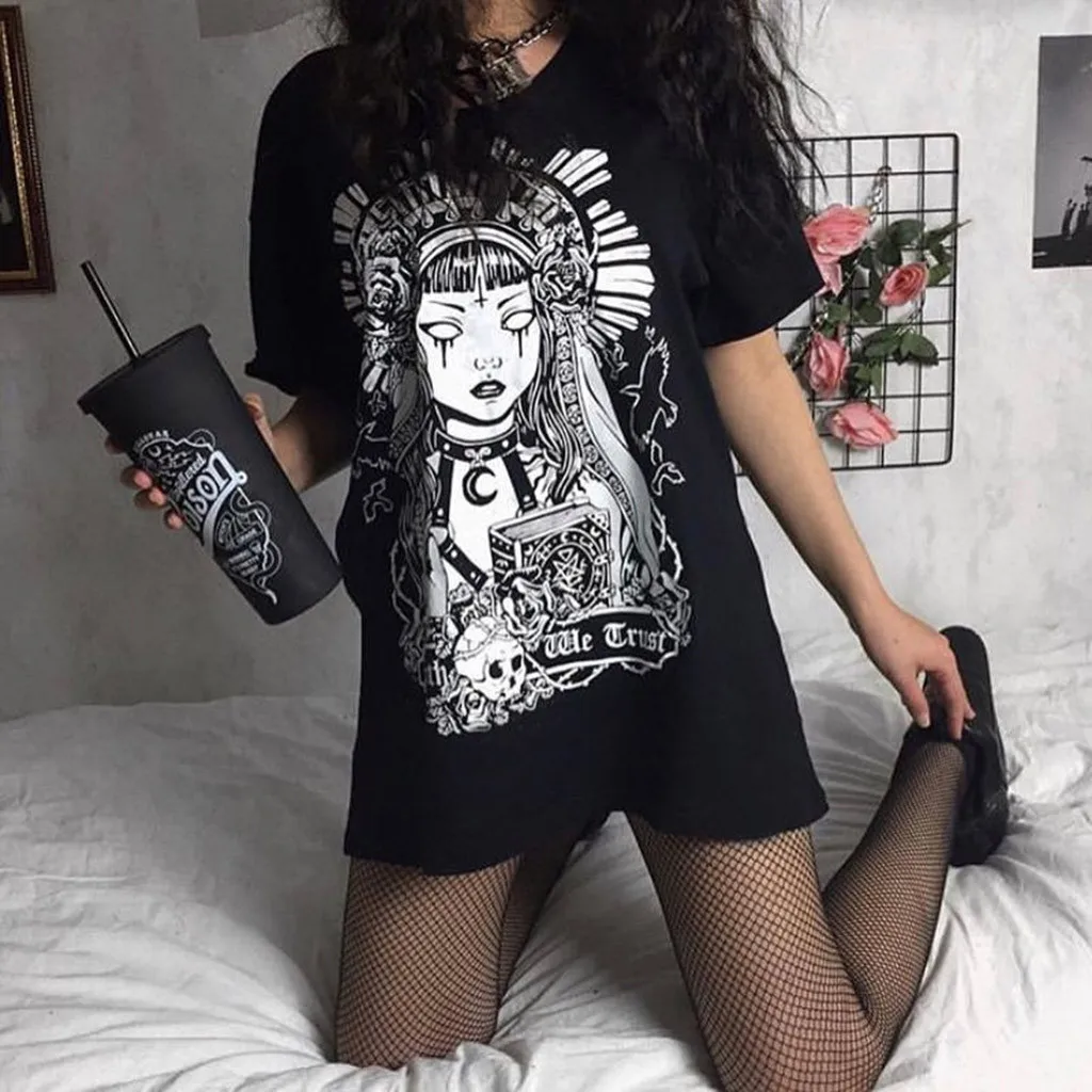 

feitong Plus Size Women Punk Gothic Mini Summer Dress 2019 Street O-neck Style Black Retro Printed Short Sleeve Sundress Dresses
