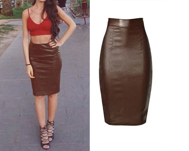 2017 European and American women's high waist Slim stretch brown leather imitation leather denim skirt (4)