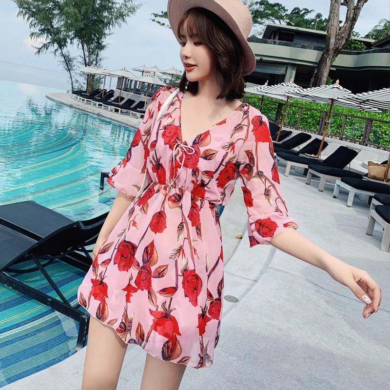 

2019 Sexy New Arrival Mujer Two Piece Suits Red Floral Ruffle Swimsuit Vintage Halter Swimming Suit For Women Bandage Beachwear
