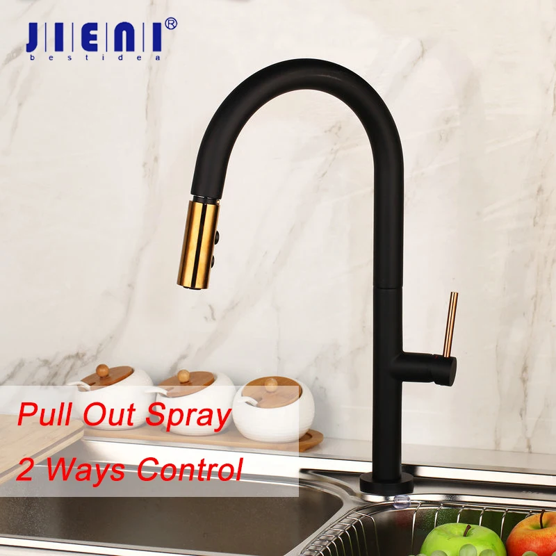

JIENI 360 Swivel Pull Out 2 Ways Spray Solid Brass Kitchen Basin Sink Faucet Black Painit Kitchen Water Mixer Taps Faucets White