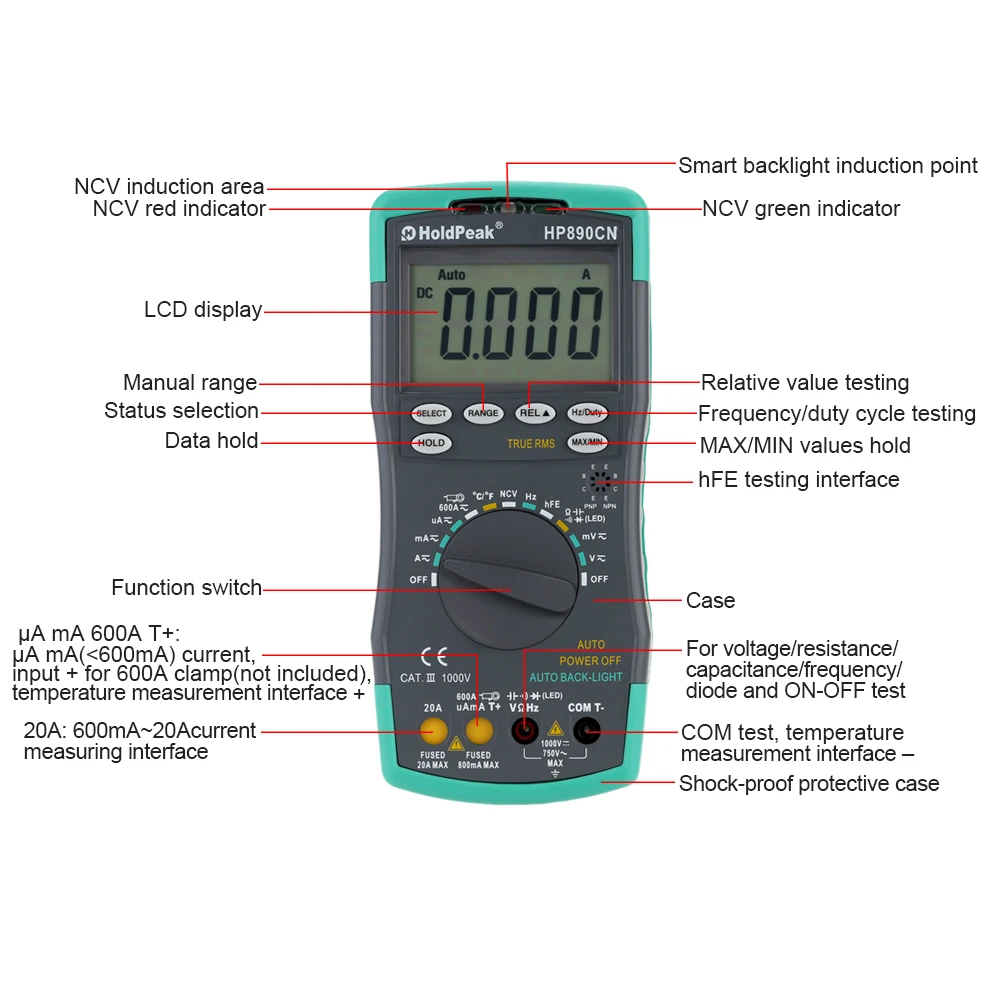 HoldPeak HP-890CN цифровой мультиметр DMM с детектор ncv DC AC напряжение измеритель тока сопротивление Capaticance тестер температуры