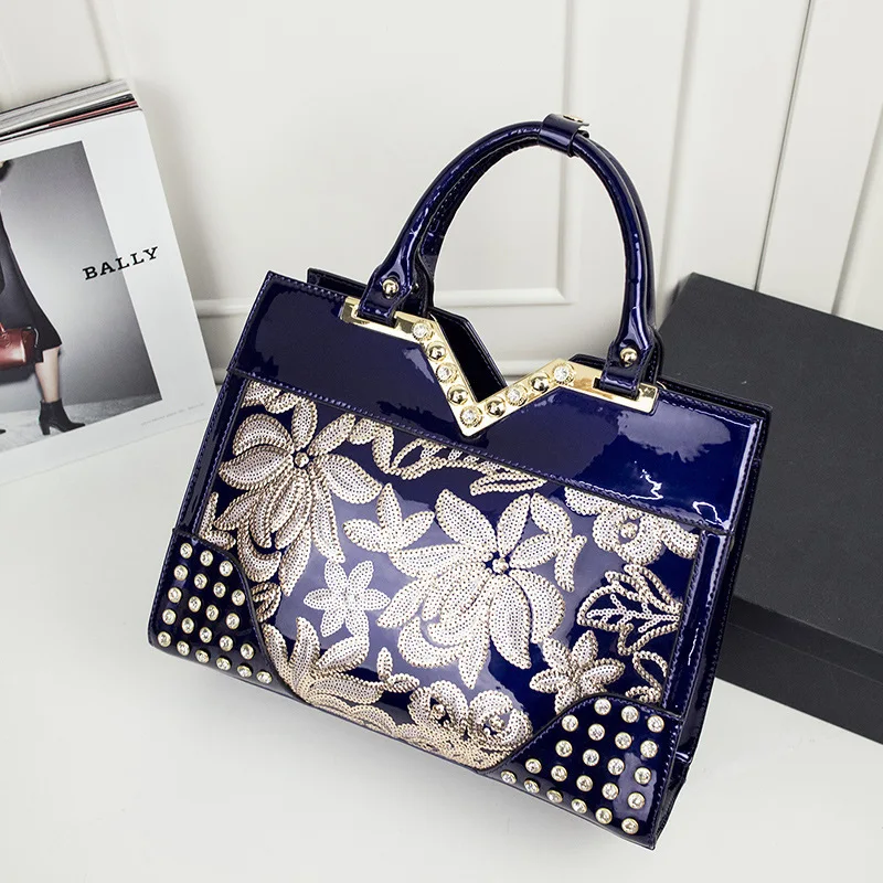 

patent leather Flowers Embroidery glossy surface women luxury style Evening Bag handbag Ladies Tote Rivet shoulder Bag