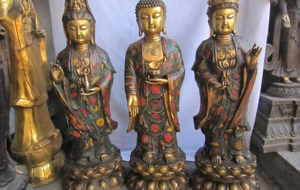 

20" Bronze Cloisonne Gilt Western Shakyamuni Kwan-yin Buddha 3 Gods Set Statue