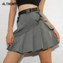 Уличная Высокая Талия плиссированная юбка Для женщин стимпанк мини-юбка карман пряжки ремня Обёрточная бумага юбки Для женщин с коротким jupe femme