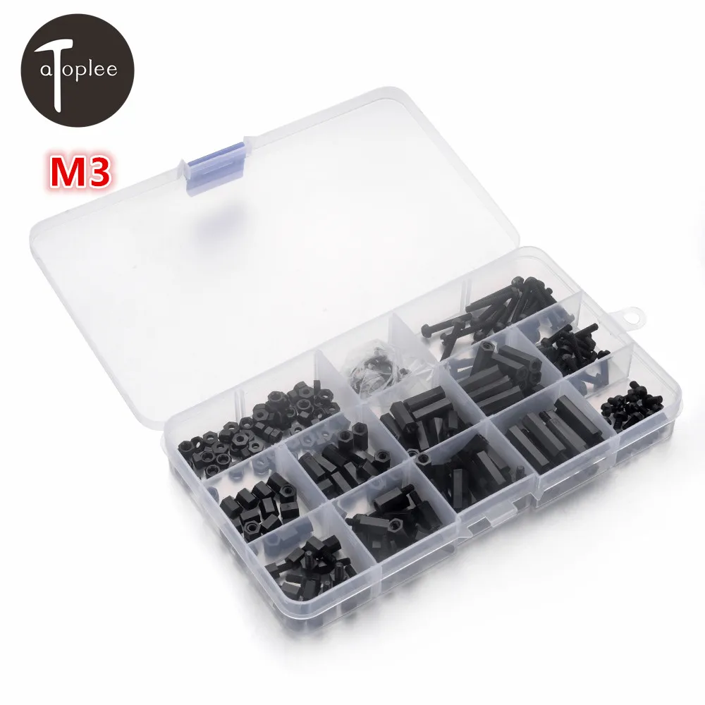 

260pcs M3 Nylon Balck Gasket Screws Isolation Column Nuts 18*94*21mm For Electronics /PC Board/DIY Screw Fasteners Tools Kit