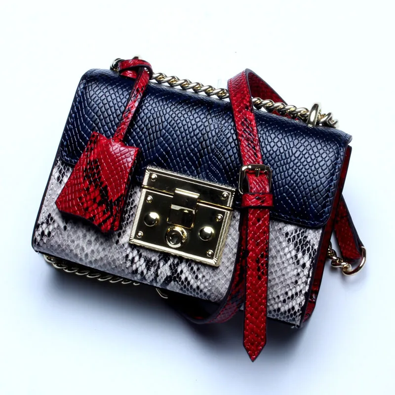 

Newest Women Shoulder Bags Genuine Leather Serpentine Panelled Messenger Bags Fashion Button Handbags Women Snake Skin Chain Bag