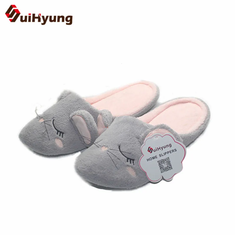 Suihyung/женские зимние теплые домашние тапочки на плоской подошве; домашняя обувь; плюшевые хлопковые тапочки с мышкой; женские домашние тапочки с мягкой подошвой