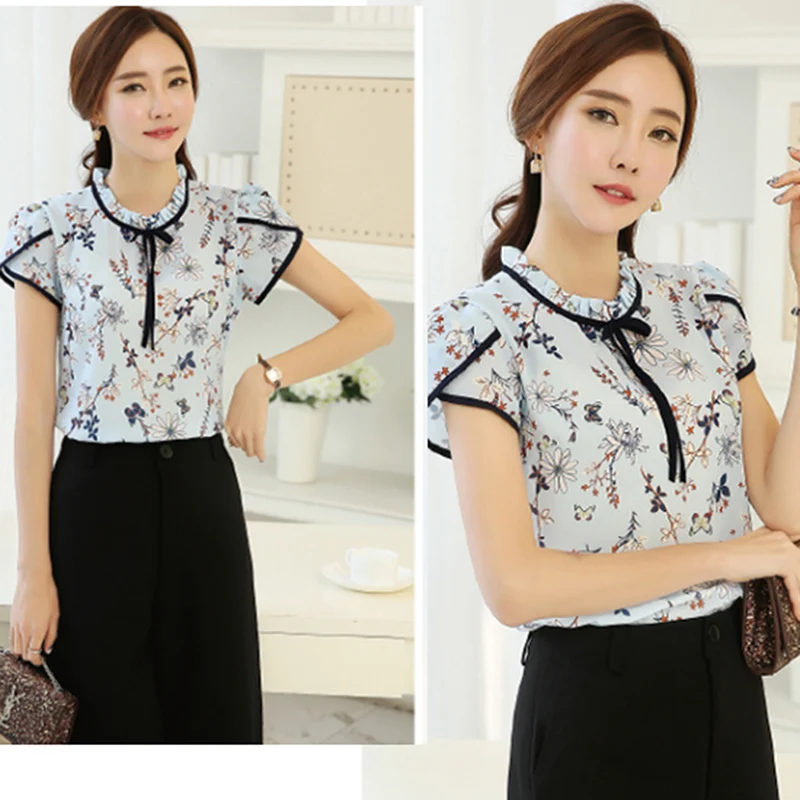 الصيف الأزهار طباعة بلوزة شيفون قصيرة الأكمام البتلة قمصان تكدرت طوق القوس الرقبة قميص المرأة قمم زائد حجم Blusas Femininas