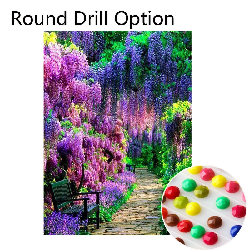Набор для алмазной вышивки Glymg Diy 5d, полная дрель, квадратная Алмазная вышивка, вид на сад, фиолетовые стразы, вышивка на стену, искусство - Цвет: Round Drill