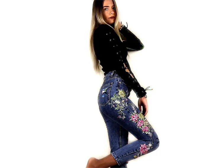 2018 Women's Three-dimensional 3D Heavy Bird Flower Embroidery High waist Slim Straight jeans Large yards (4)