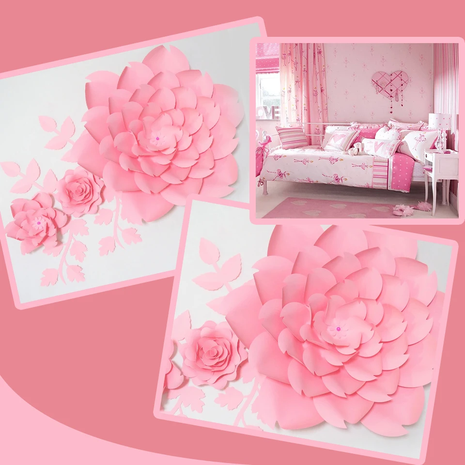 DIY Giant Paper Flowers Artificial Rose Fleurs Artificielles Backdrop 3pcs+ 4 Leave Wedding Party Decor Nursery Baby Pink | Дом и сад