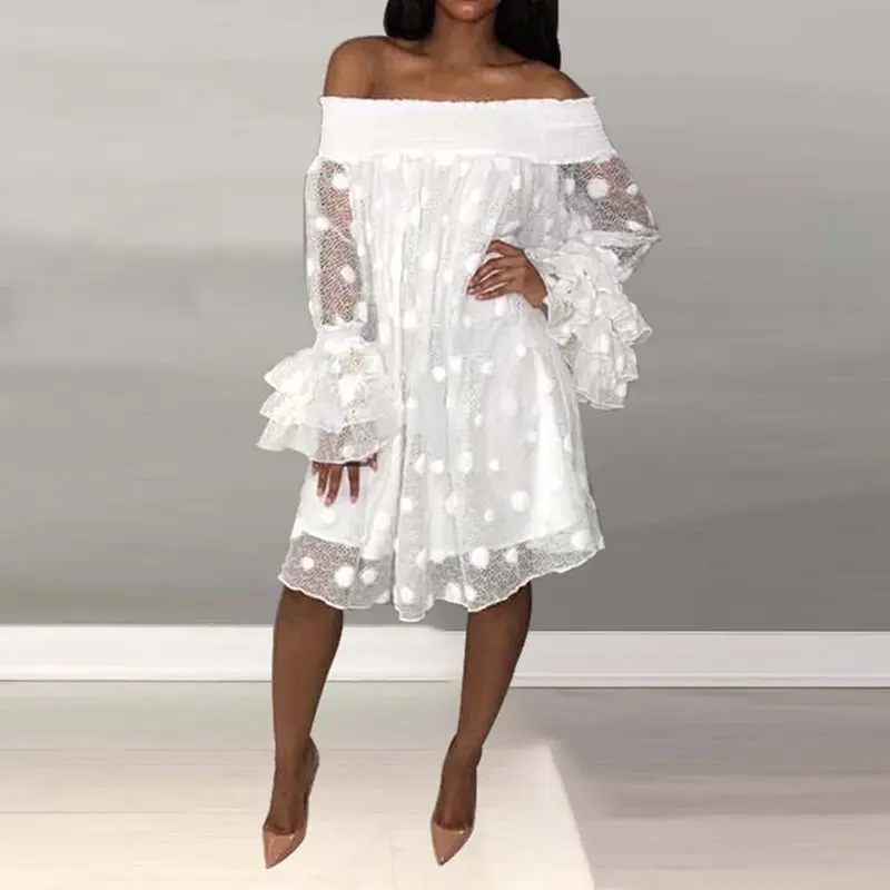 

Off Shoulder Sexy Dress Women Plus Size African Mesh Polka Dot See Through Flare Long Sleeve New Oversize White Backless Dresses