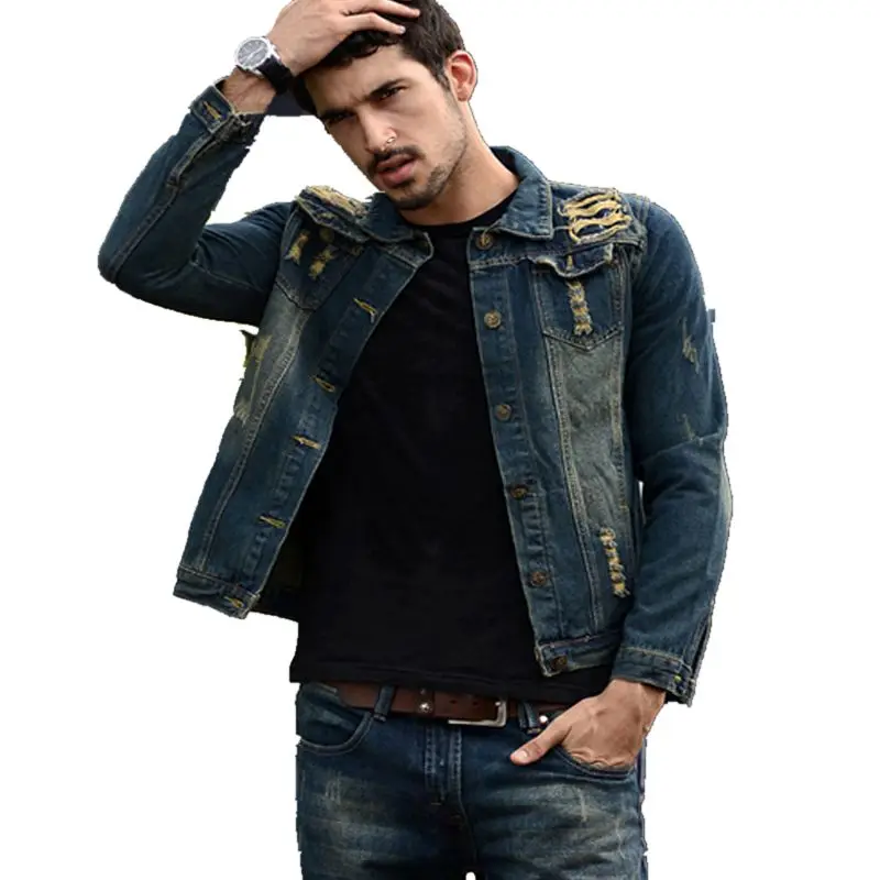 2017 Men Denim Jacket Casual Slim Jacket Outdoors Fashion Autumn Long Sleeve Personality Hole