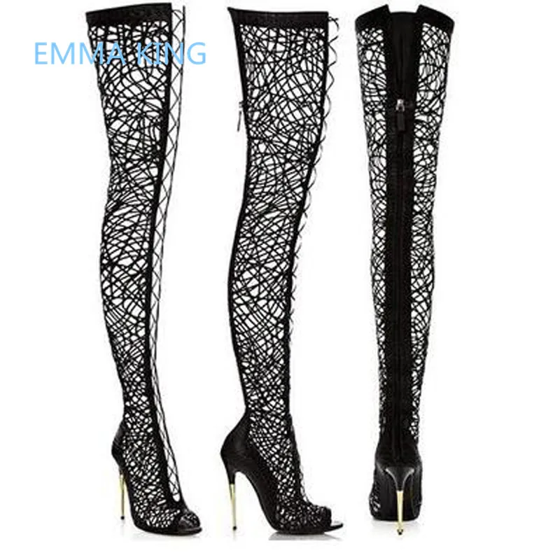 

2019 Black Lace Sexy Ladies Over The Knee Gold Heel Boots Peep Toe Women Summer High Heels Shoes Woman Hollow Gladiator Sandals