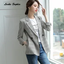 1pcs Women's Plus size Slim fit Blazers coats 2019 Autumn cotton blend plaid Small Suits jackets ladies Skinny Blazers Suits