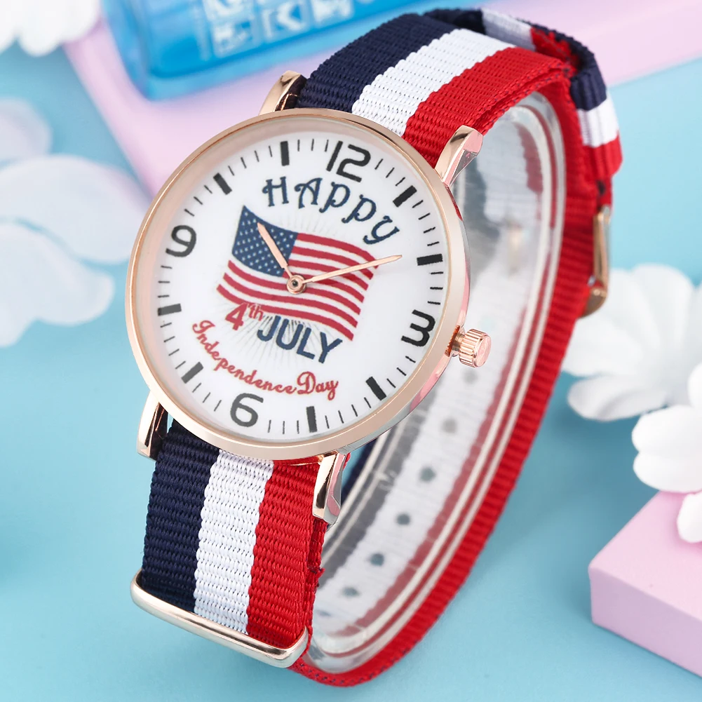 

Portable American Independence Day Theme Flag Pattern Quartz Watch for Girls Leisure Arabic Number Dial Nylon Strap Watches Gift