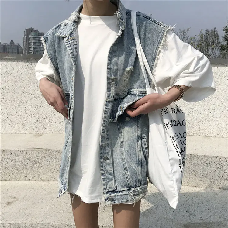 Ideal  Denim destory washed fabric sleeveless women coat summer jacket hole outerwear women cardigans vint