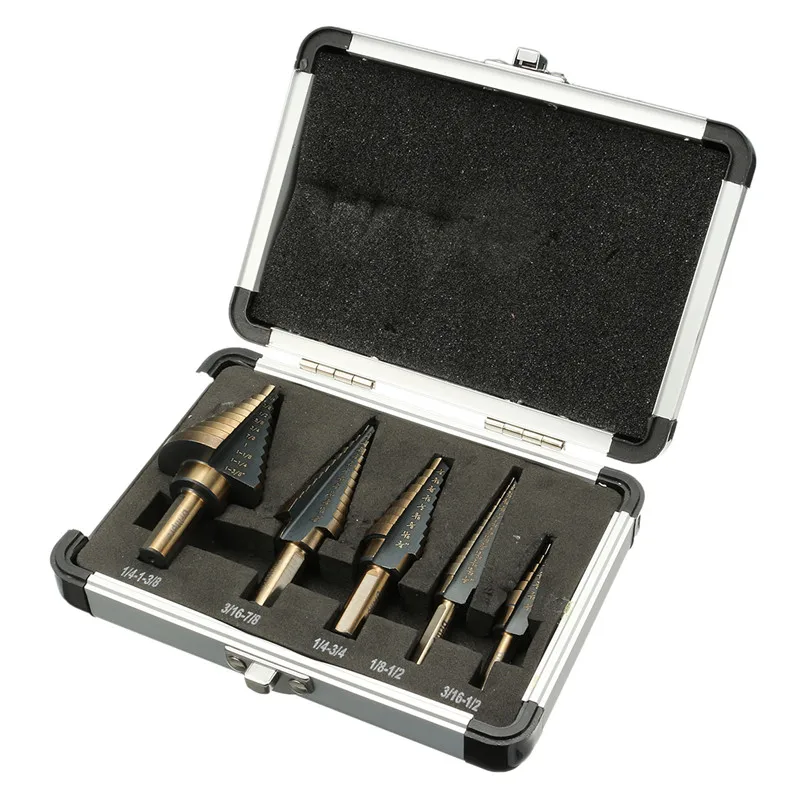 

New Arrival High Quality 5pcs/Set HSS Cobalt Multiple Hole 50 Sizes Step Drill Bit Set with Aluminum Case