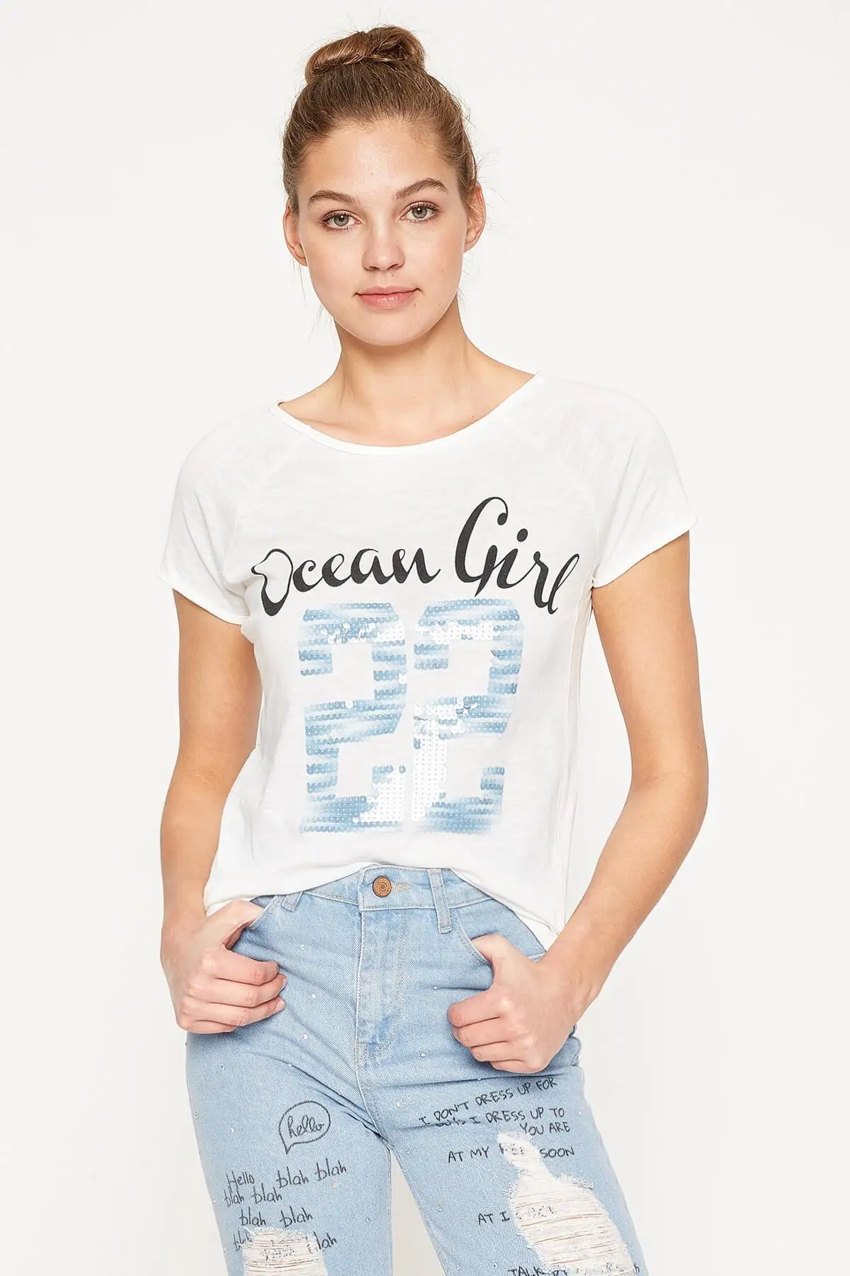Koton Female Ecru T-shirt 7YAL19638IK
