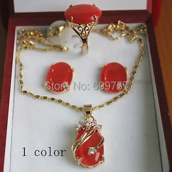 

natural jewelry Sets red pink opal stone pendant necklace Stud earring Ring + Chain hook marvel choker for women