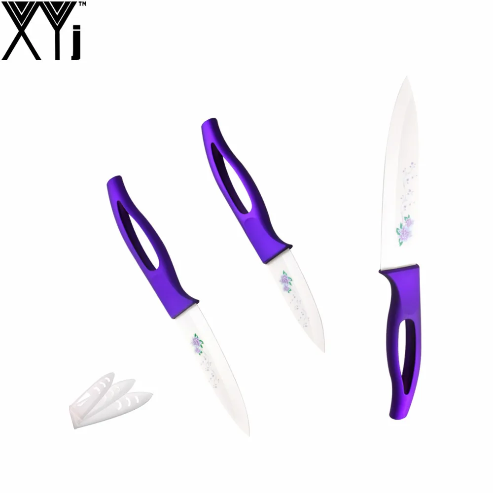 

3 Inch Paring 4 Inch Utility 5 Inch Slicing Ceramic Kitchen Knife XYJ Brand Purple Handle Pretty Pattern Blade Cooking Tools