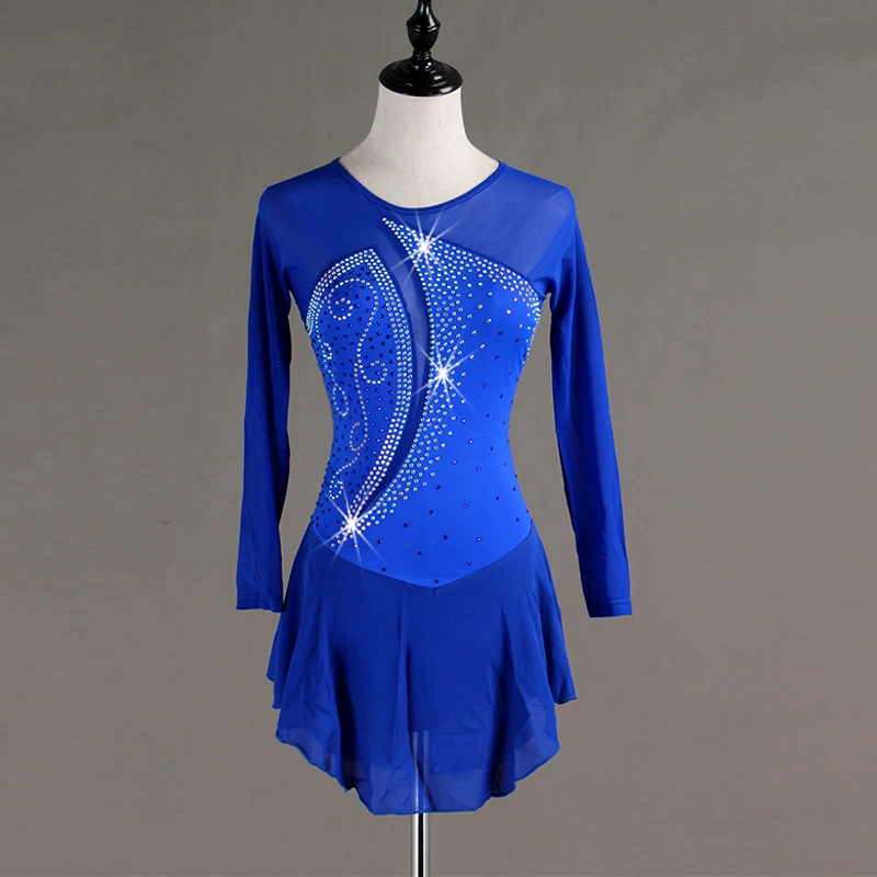 Figure Skating Dress Women Girls Royal Blue Biling Rhinestone Crystal Long Sleeve Figure Skating