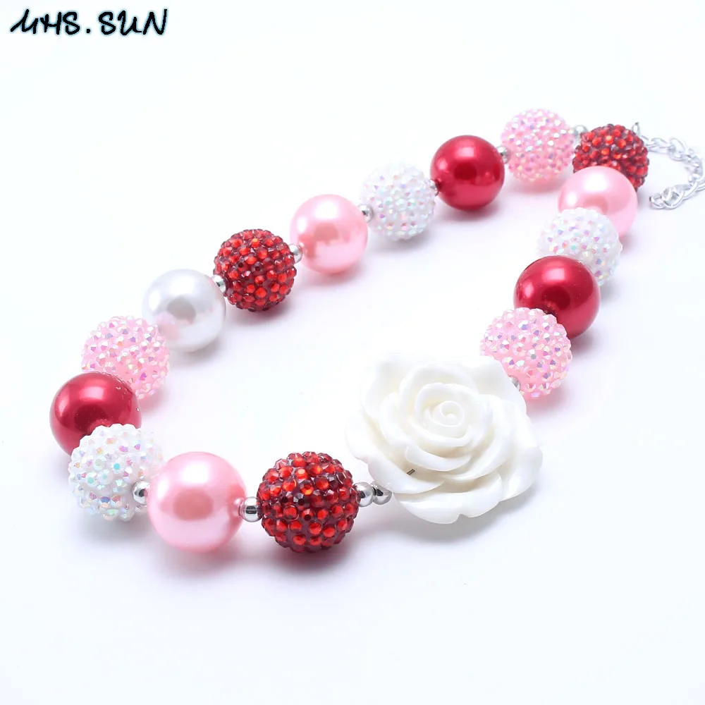 

MHS.SUN Rose Flower Girl Kid Chunky Necklace Fashion Red+Pink Color Kids Bubblegum Chunky Bead Necklace Children Jewelry