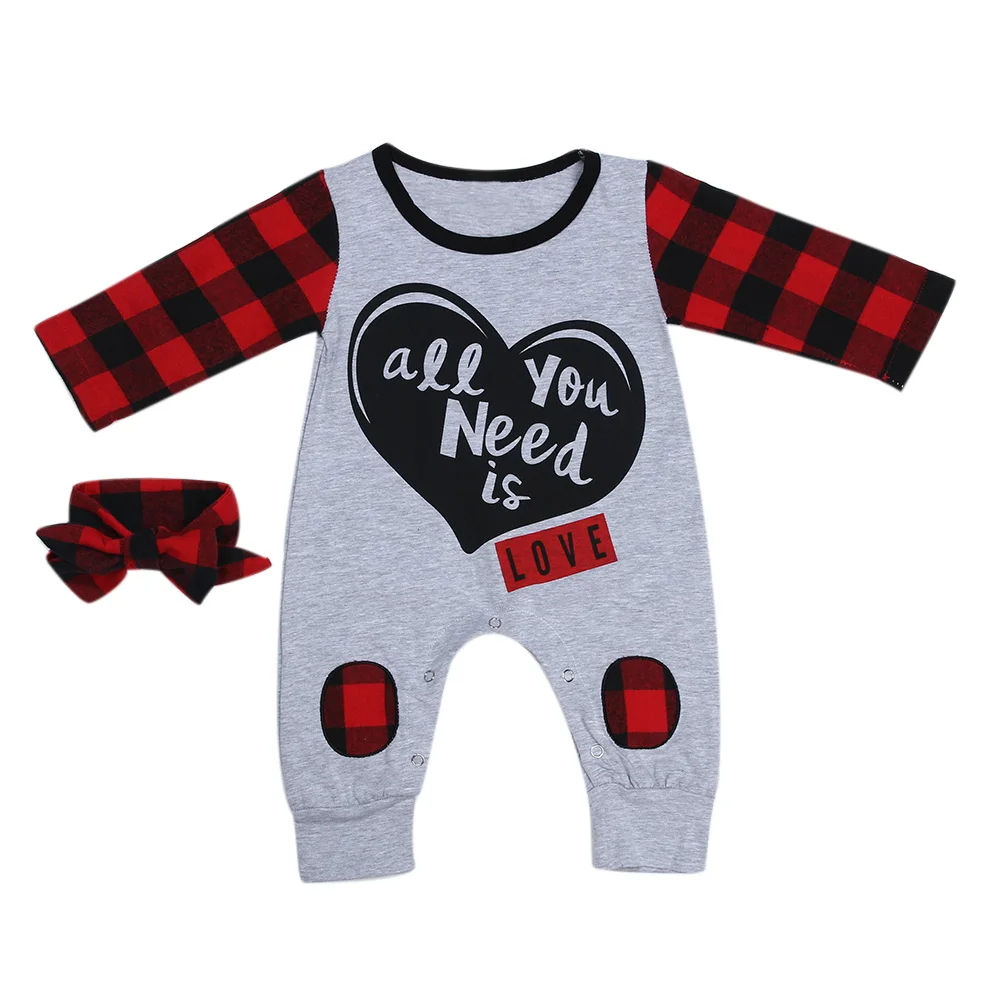 

2pcs/set Baby Romper Clothes Infants Black Red Plaid Printing Romper Jumpsuit+Headband Fashion Outfit Suits Newborns Costumes