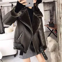 Новинка, осенне-зимние кожаные пальто, женская Повседневная Свободная байкерская куртка, женская теплая Байкерская верхняя одежда из овечьей шерсти, женское черное пальто