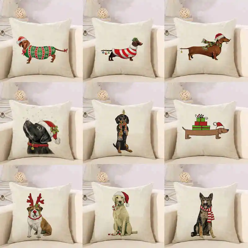 

Merry Christmas Linen Cushion Cover Series Dog Hug Pillowcase