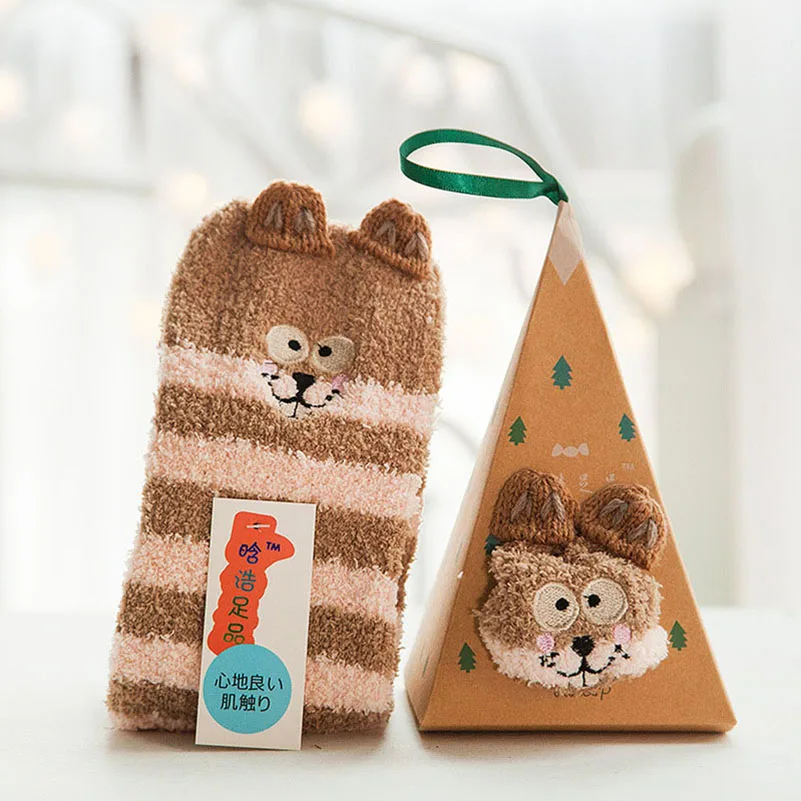 3 пары, рождественский подарок, 3D дизайн, пушистые коралловые бархатные толстые теплые носки, женские высококачественные махровые носки-тапочки/носки для сна, подарочная коробка - Цвет: N