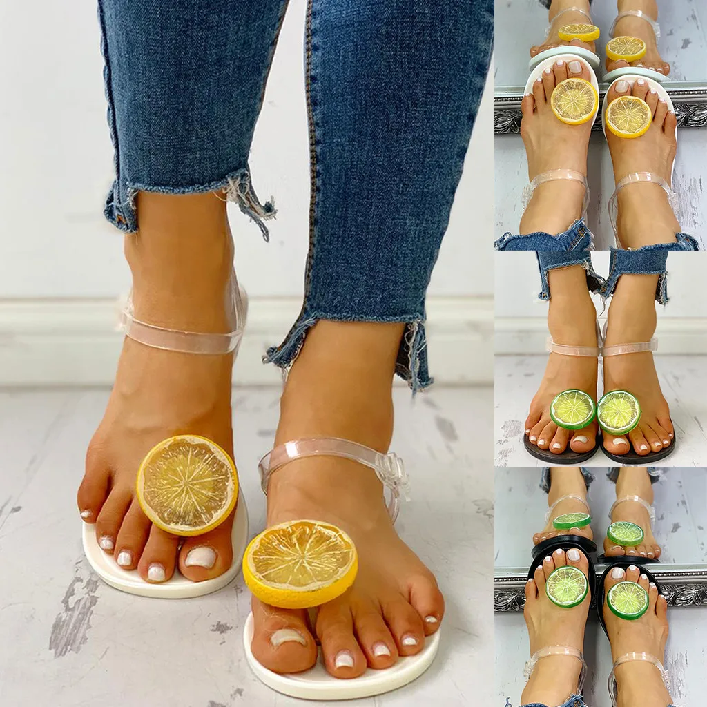 Mokingtop/ г., женские модные прозрачные сандалии на ремешке с лимонным узором плоский сандалии пляж обувь Шлепанцы chaussure femme#4